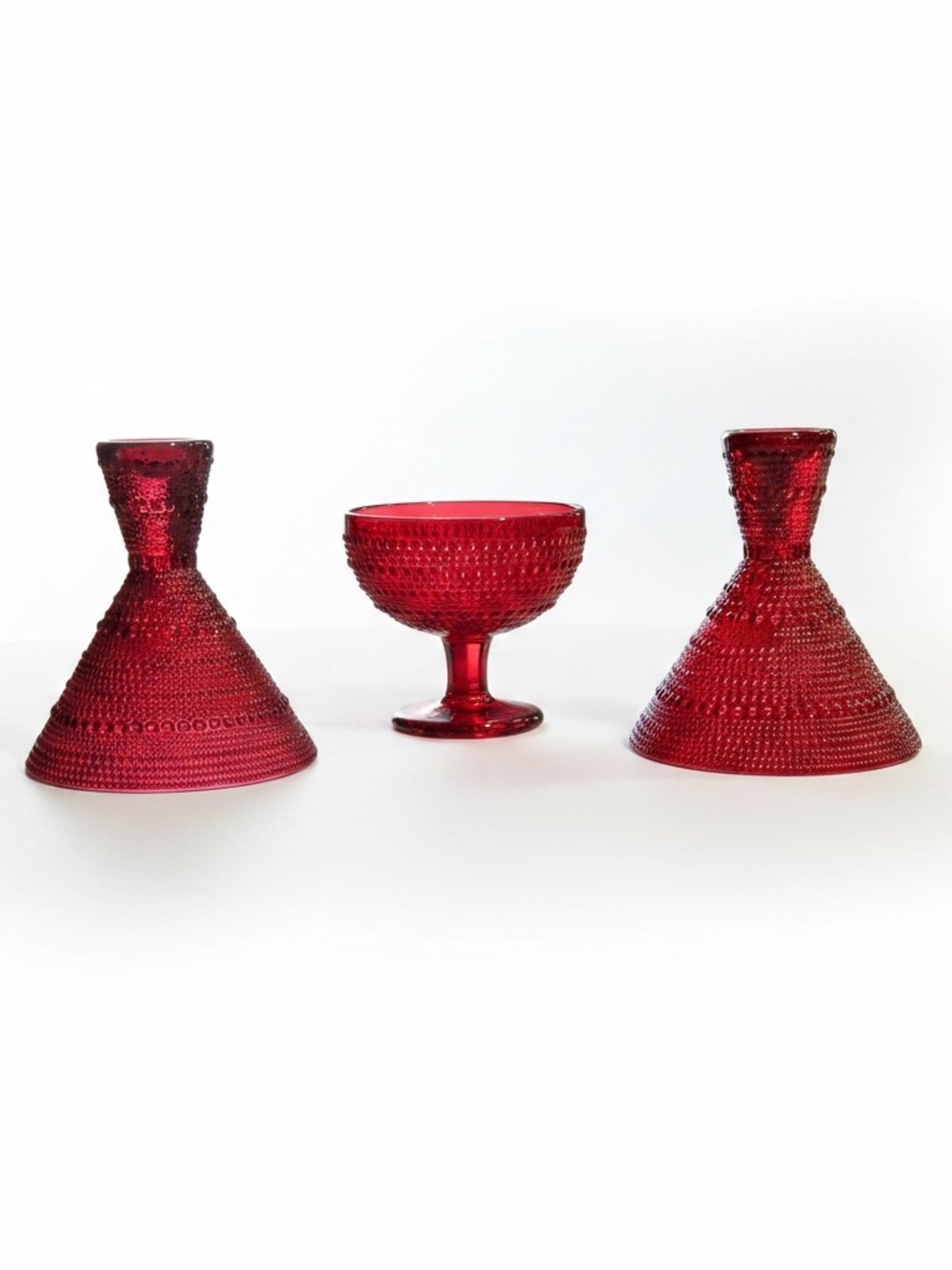 Vintage Ruby Red Hobnail Glass Set Of 3 Candle Holders & Compote Bowl
